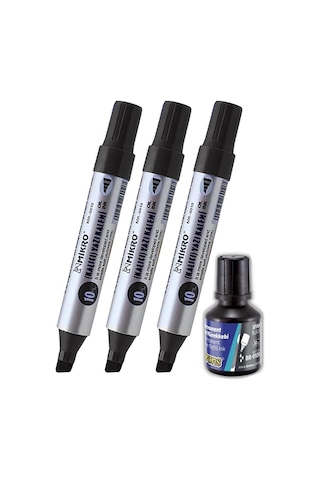 Siyah 10 Mm Kesik Uçlu Markör Permanent Kalem 3 Adet Ve Siyah Mürekkep 1 Adet Çuval Koli Kalemi