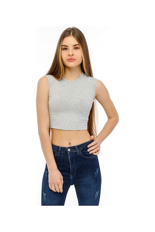 Bella Dossi Rahat Gri Kaşkorse Kolsuz Sıfır Yaka Kadın Crop Top Gri