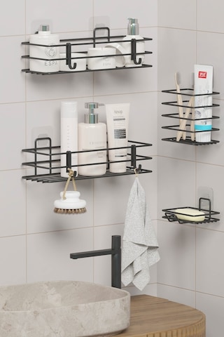 Zabata Yapışkanlı Banyo Seti Duş Rafı + Sabunluk + Diş Fırçalık Metal Set Siyah