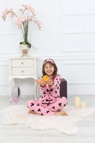 Kız Çocuk Pembe Renk Efsane Mickey Mouse Karakter Baskılı Desenli Pijama Alt Üst Takım Pembe