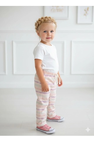 Kız Çocuk Desenli 3 Lü Paket Gündelik Rahat Pantolon Seti 2-7 Yaş Pembe-pudra-a.pembe