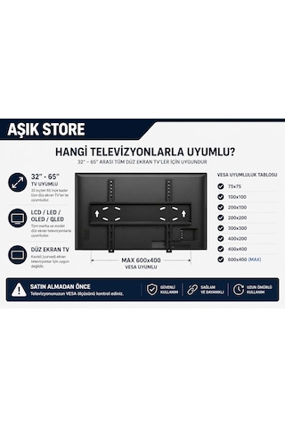 Sabit Tv Askı Aparatı 32-65 İnç Universal Tv Duvar Askısı Vesa 600x400 50 Kg Lcd Led Oled Qled Metal Gövde