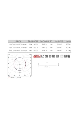 Lamptime Sıva Üstü Slim Led Downlight Beyaz 20W Kare 4000K 26041 Beyaz