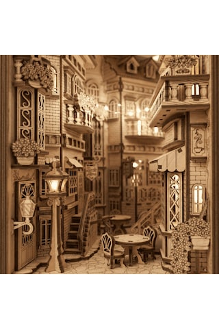 European Alley Book Nook Ahşap Maket Seti Avrupa Sokağı Peri Led'li Kitaplık Dekoru