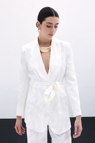 Sateen Bağlamalı Jakarlı Ceket - Ekru-135781 Ekru