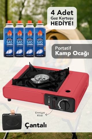 Portatif Kamp Ocağı - Taşıma Çantalı Gazlı Stop Emniyetli Kırmızı Kamp Ocağı Ve 4 Adet 227 Gr Kartuş Kırmızı