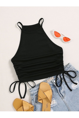 Askılı Halter Yaka Yüzücü Sırtlı Yanları İpli Siyah Renk Fitilli Crop Top Bluz