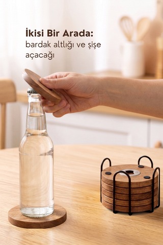 Ahşap Bardak Altlığı 6'lı Set Ahşap Şişe Açacaklı Stantlı Bardak Altlığı Sunum Seti Bardakaltligi, One Size