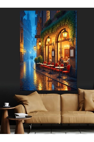 Ahşap Tablo Yağmurlu Sokak Kafe Işıkları