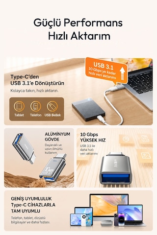 Type-c - Usb 3.1 Otg Dönüştürücü Adaptör, Usb-c Erkek Usb-a Dişi Çevirici, 10gbps Hızlı Veri Aktarımı, Harici Disk Klavye Mouse Hub Uyumlu, Alüminyum Gövde S602