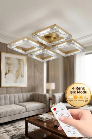 LumiaLighting Yakamoz Model Gold Kumandalı 4"lü Ledli 3 Renk Modu Kristal Salon Mutfak Yatak Çocuk Odası Avize Altın