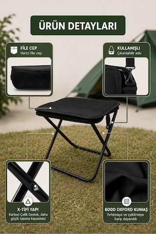 Kamp Taburesi Çantalı Katlanır Taşınabilir Hafif Dayanıklı Kaymaz Ayaklı Outdoor Oturma Sandalyesi Siyah