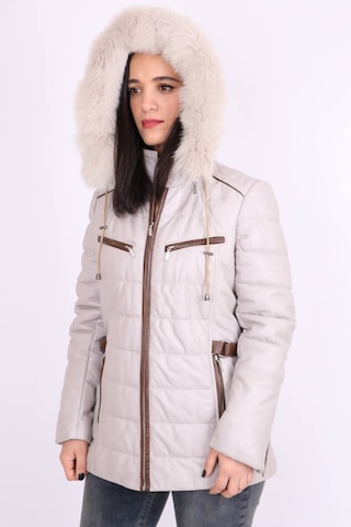 Ekru Hakiki Deri Kürklü Çıkarılabilir Kapüşonlu Kapitoneli Mont K