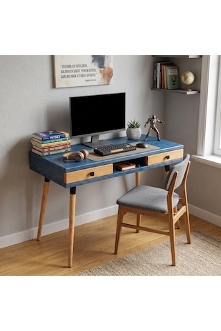 Mobenta Modest Desk: Masif Çalışma & Laptop Masası 2 Çekmece 1 Bölme - 120x60 Ig-tk Mavi-ahşap