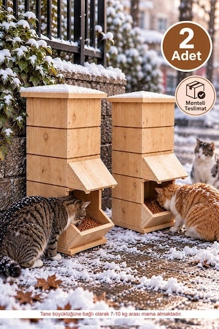 Reyo 2 Adet Ahşap Ceviz Cilalı Mama İstasyonu, Yağmura Ve Rüzgara Dayanıklı Uzun Ömürlü Sokak Kedileri İçin Mama Kabı 50x25x25 Cm Mldcat Monteli Teslimat
