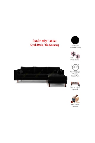 Ürgüp Modern Köşe Koltuk Takımı - Siyah - Sağ Köşe - Baby Face Yumuşak Kumaş Siyah