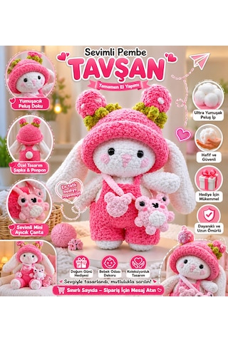 Premium El Örgüsü Sevimli Pembe Tavşan Kadife Dokulu Amigurumi Bebek Ve Hediye Oyuncak Beyaz - Pembe