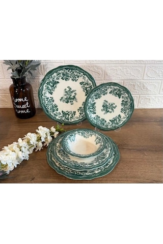 Porser Porselen Fulya Velour Green Yemek Takımı 6 Kişilik 24 Parça Çok Renkli