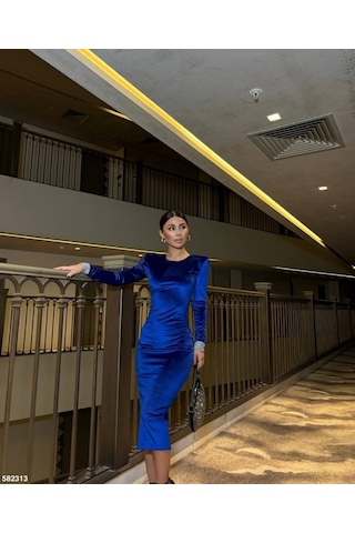 Nnstartshopping Kadın Bisiklet Yaka Vatkalı Manşet Detay Kadife Kumaş Midi Boy Elbise Saks Mavi