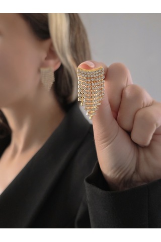 Sallantılı Minimal Beyoğlu Taşlı Gümüş Renk Küpe Altın