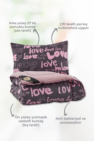 Love Pembe Desenli Tek Kişilik Çift Taraflı Wellsoft Yorgan Seti - Pembe - 155x215