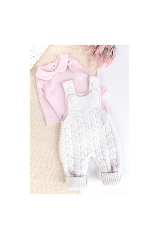 Triko Kışlık 2'li Kız Bebek Salopet Tulum Set Krem