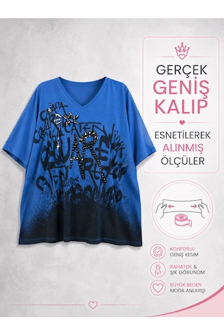 Büyük Beden V Yaka Taşlı Esnek Kadın Bluz Saks