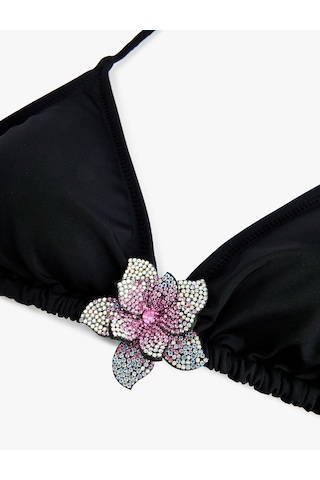 Koton Taşlı Çiçek Aksesuar Detaylı Üçgen Bikini Üstü Siyah 6sak10040mm Siyah