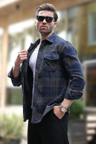 Madmext Lacivert Desenli Göğüs Cepli Erkek Polar Gömlek 6754