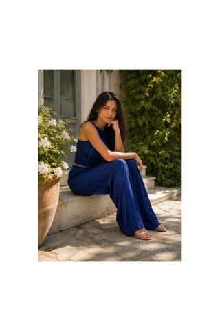 Unika Boutique Crop Pantolon Takım Kadın Şık Yazlık Fitilli Lacivert