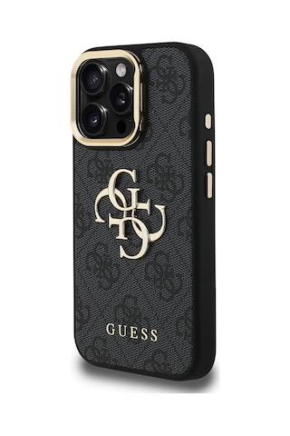 Apple iPhone 15 Pro Max Uyumlu Kılıf Guess Lisanslı Metal 4g Ve Yazı Logolu Kamera Standlı Kapak Siyah