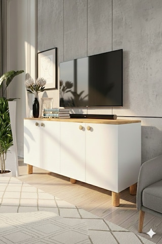 Bohem Tv Konsol,tv Ünitesi Salon Mobilyası Beyaz - Meşe
