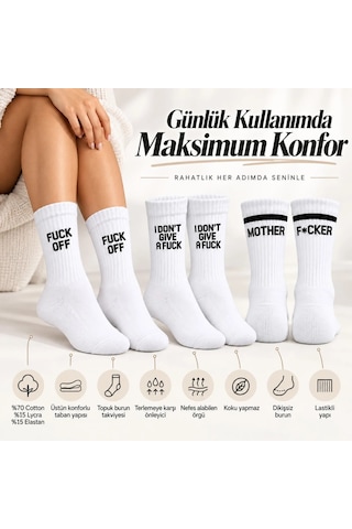 COJans Unisex Beyaz Yazılı Çorap Esprili Sloganlı Uzun Soket Günlük Spor Rahat 3lü Eğlenceli Şık Hediye Set Çok Renkli