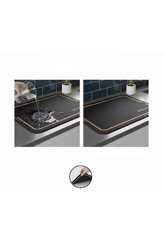 Nobera Premium Dekoratif Bulaşık Kurutma Matı 50x40 Cm Süper Emici, Kaydırmaz Kauçuk Tabanlı Ve Tezgah Koruyucu Altlık Altın - Siyah