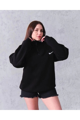 Velmora Fashion Kadın Yarım Fermuarlı Üç İplik Şardonlu Pamuklu Sweatshirt - Siyah
