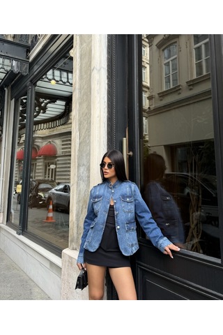 Out Of Standart Kadın Regular Fit Düğme Detaylı Denim Ceket Blue