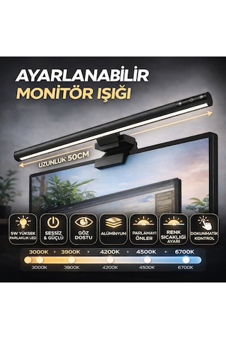 Polham Profesyonel 50 Cm Ayarlanabilir Led Monitör Işığı, Göz Korumalı Renk Sıcaklığı Ayarlı Alüminyum Monitör Lambası