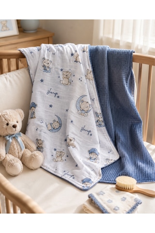 Minora Baby&kids Çift Taraflı Pike Müslin Bebek Örtüsü 100x100 CM - Mavi Ayı