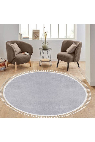 Saraz Halı Yuvarlak Comfort Puffy Ponpon Saçaklı Yıkanabilir