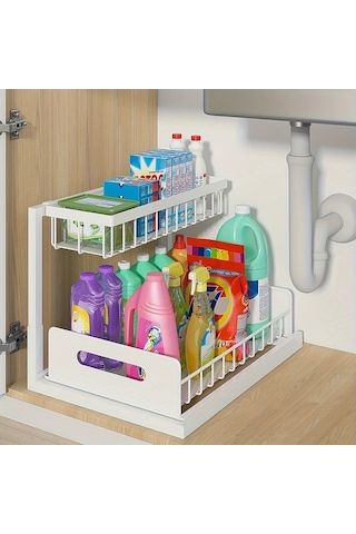 Honeybeeshop Lavabo Altı Düzenleyici Beyaz 1 Paket Kayar Çekmece Rafları Mutfak Banyo Kiler Dolabı Düzenleme Rafı Metal Sürgülü Çekmeceler Beyaz