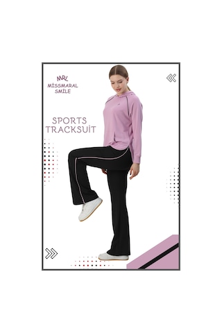 Kadın Spor Eşofman Takım İspanyol Paça Çift Cepli Alt &kapüşonlu Kanguru Cepli Üst Lila Rengi 3053 Lila