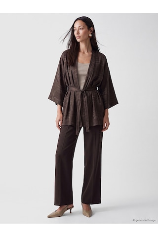 Lcw Everyday Kahverengi Şal Yaka Desenli Kuşaklı Kadın Kimono