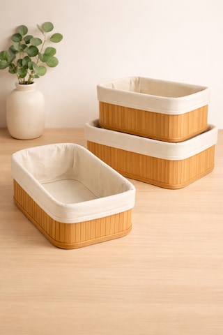 Serstil 3'lü Dikdörtgen Bambu Saklama Sepeti Kumaş Kaplamalı Organizer Set Diğer