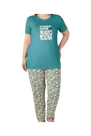 Kadın Bisiklet Yaka Düğmesiz Battal Kesim Viskon Yazlık Kısa Kol Cepli Büyük Beden Pijama Takımı Yeşil