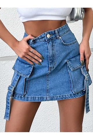 Shevega Kadın Mavi Korük Kargo Cepli Kot Etek Mavi