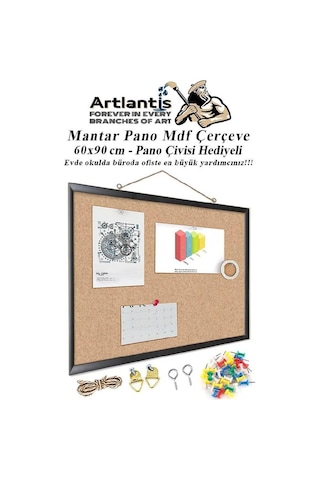 Mantar Pano Mdf Çerçeve 60x90 Cm 1 Adet Harita Çivisi Hediyeli Duvara Monte Mantar Çerçeve Evde Okulda Büroda Ofiste