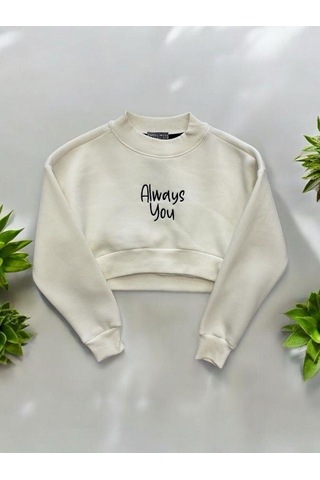 Kız Çocuk Üç İplik Şardonlu Always Yazılı Crop Sweatshirt-14377 KREM