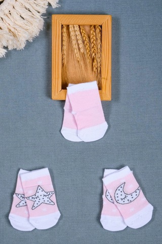 Cocole Socks Kız Bebek Soket Çorabı 3 Lü Set Pamuklu Pembe Ay & Yıldız Desenli Çok Renkli