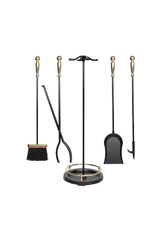 5 Li Premium İthal Döküm Gold Başlıklı Yuvarlak Şömine - Soba Maşa Takımı Aksesuar Seti