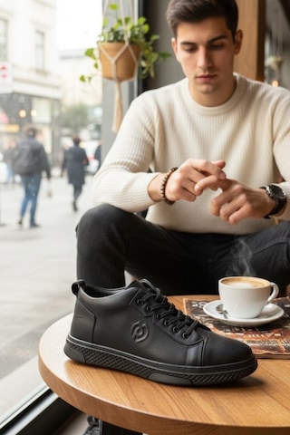 Enoch Hakiki Deri Siyah Yanı Logo Detaylı Siyah Erkek Sneaker Siyah